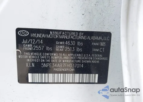 2015 Hyundai Sonata Sport 2.0T z USA, uszkodzony, nr VIN 5NPE34AB7FH037014